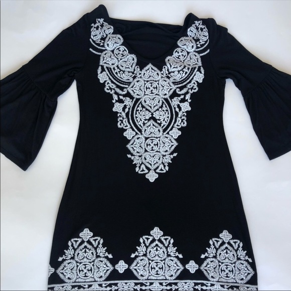 Black & White Printed Mini Dress 3/4 Sleeve - Picture 5 of 6
